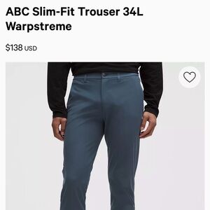 Lululemen Men’s ABC Slim-Fit Trouser 34L Warpstreme, 33” Waist